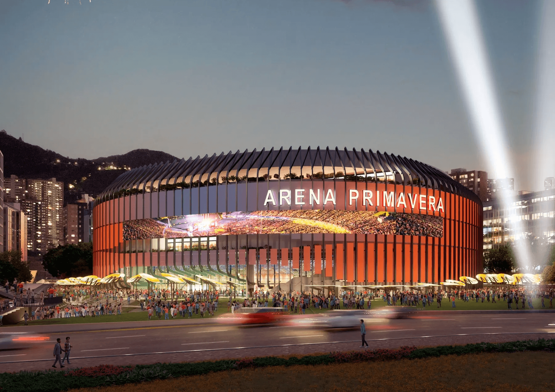 DaviArena Medellín fachada nocturna exterior LEDs rojo amarillo guayacán - arena Sabaneta Antioquia 2026